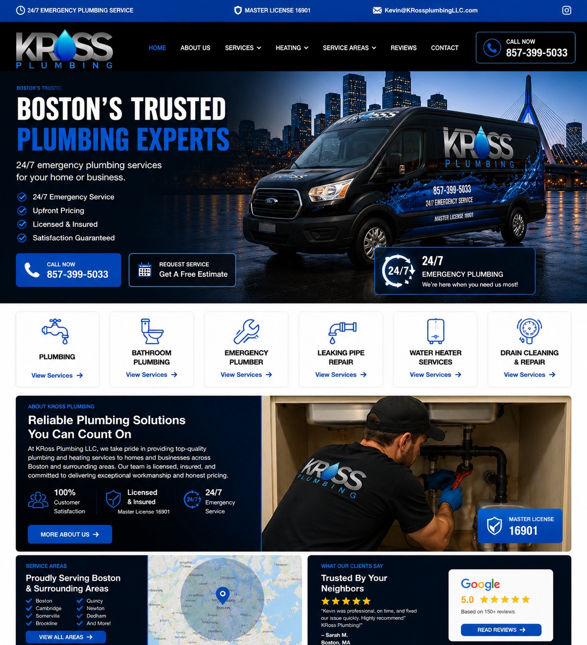 KRoss Plumbing van beside the Boston skyline
